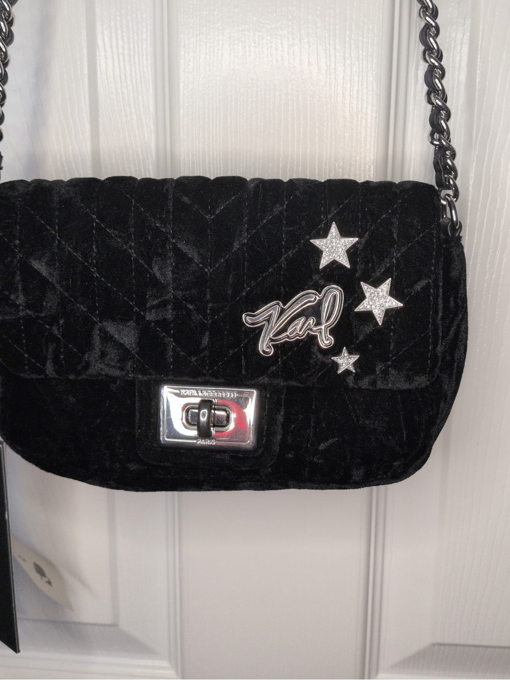 Karl Lagerfeld Black Agyness Quilted Velvet Crossbody with Silver Star Accents